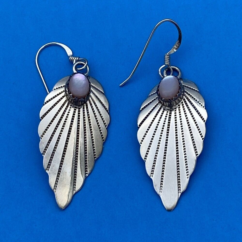 KF Native American Sterling Silver Mother Of Pearl Feather Earrings